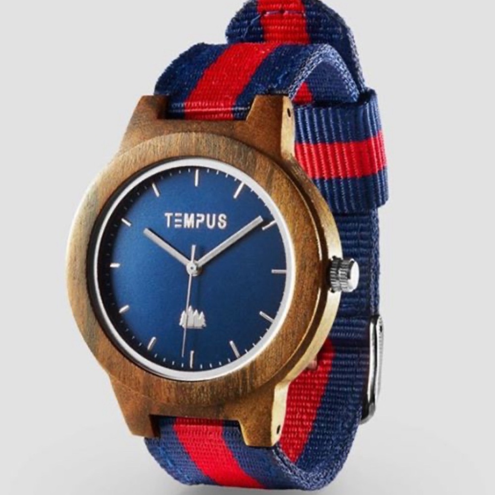 Blue Dial Watch with Red and Blue Strap